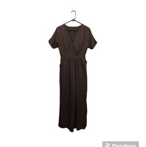 Boho Festival Jumpsuit Size Medium Green Faux Wrap Wide Flare Cropped Office